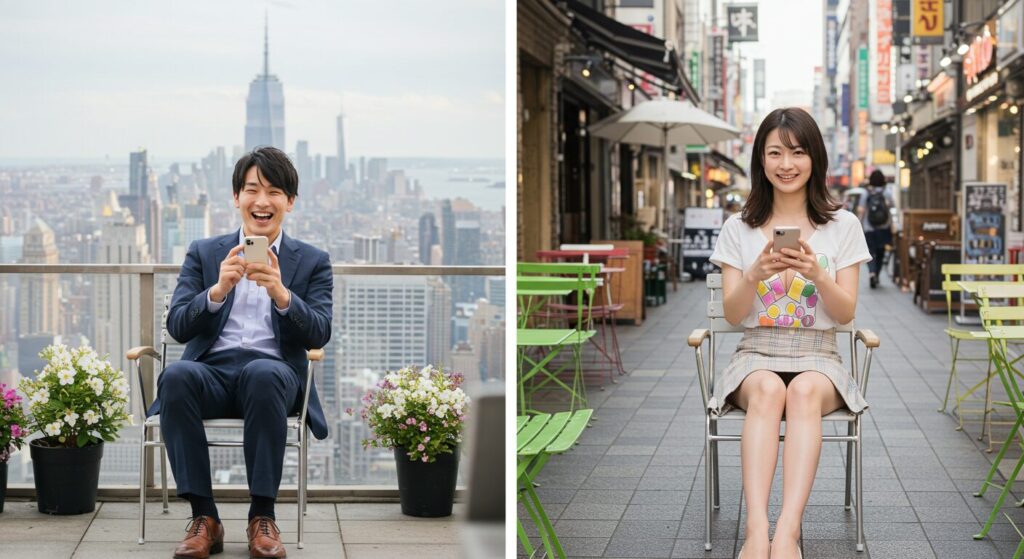 楽しそうにラインしている男女