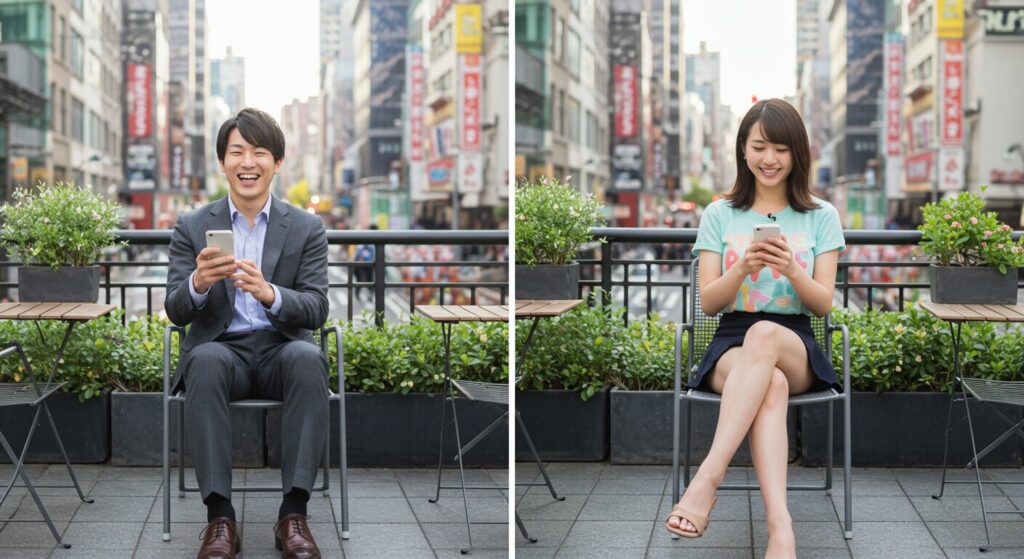 嬉しそうにラインしている男女