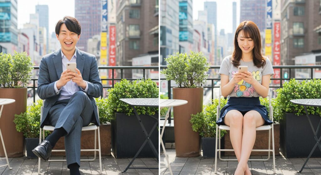 嬉しそうにラインしている男女