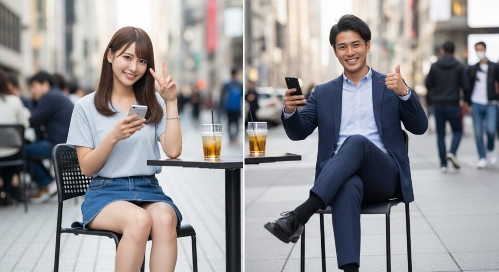 楽しそうにラインしている男女