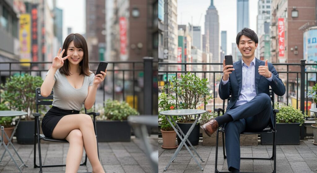 嬉しそうにラインしている男女