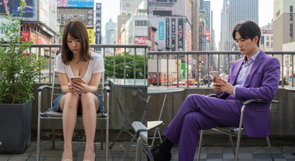 スマホを見て悩んでいる男女
