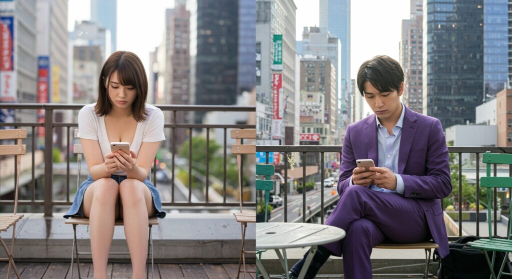 スマホを見て悩んでいる男女
