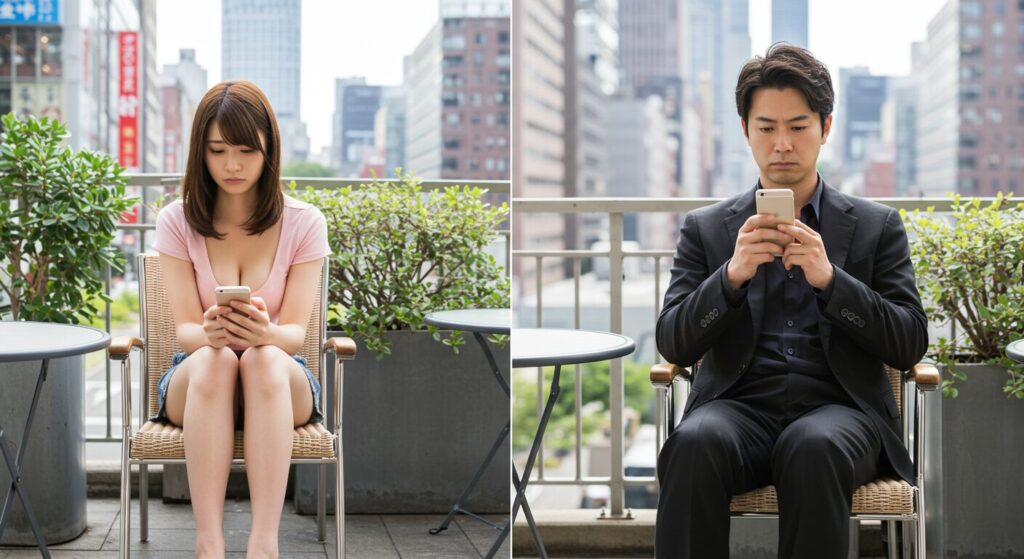 スマホを操作しながら悩んでいる男女