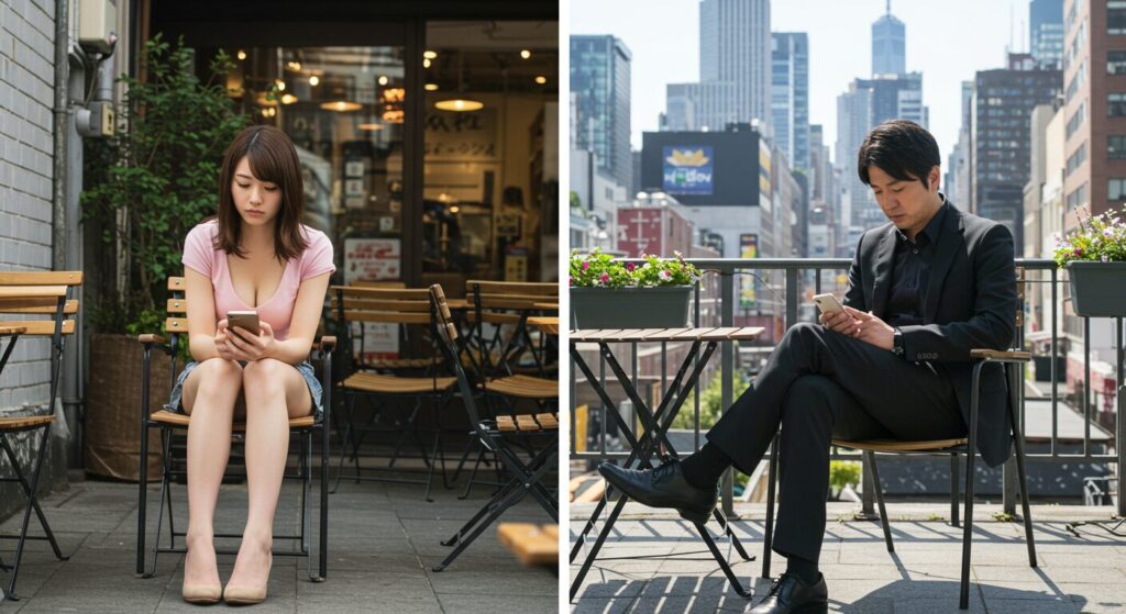 スマホを見て悩んでいる男女