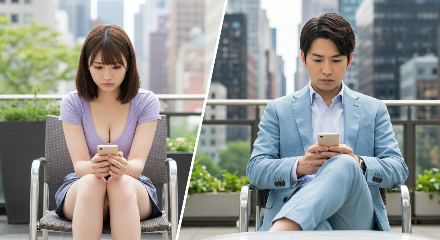 スマホを見て悩んでいる男女