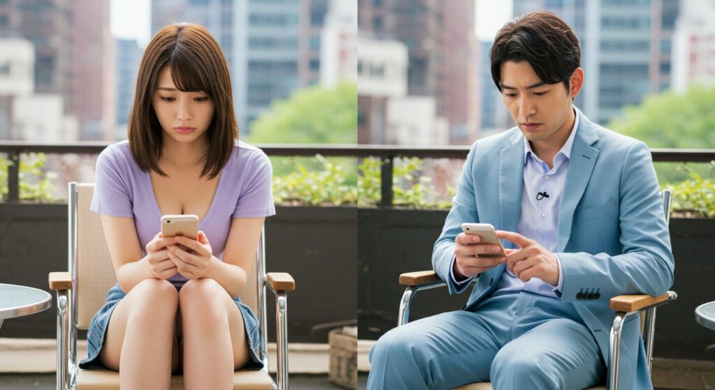 スマホを見て悩んでいる男女