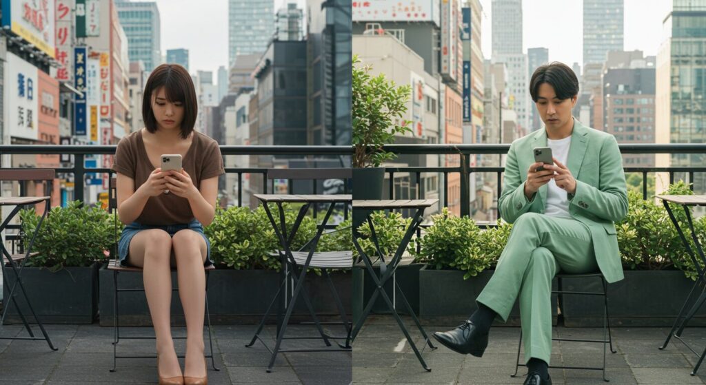 スマホを見て悩んでいる男女