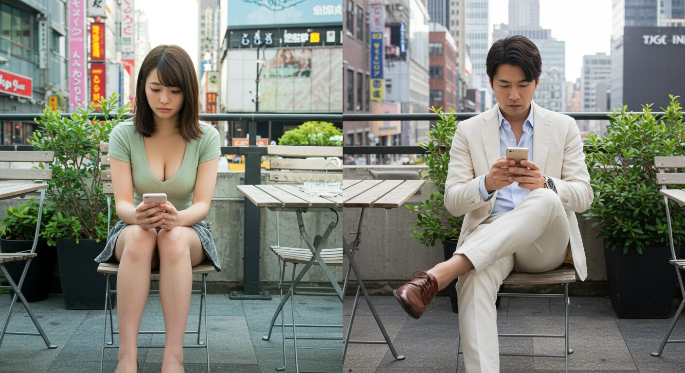 スマホを見て悩んでいる男女