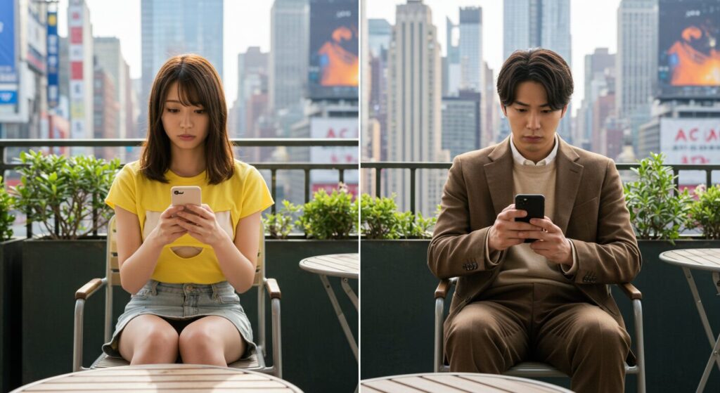 スマホを見て悩んでいる