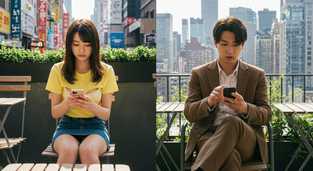 メールしながら悩んでいる男女