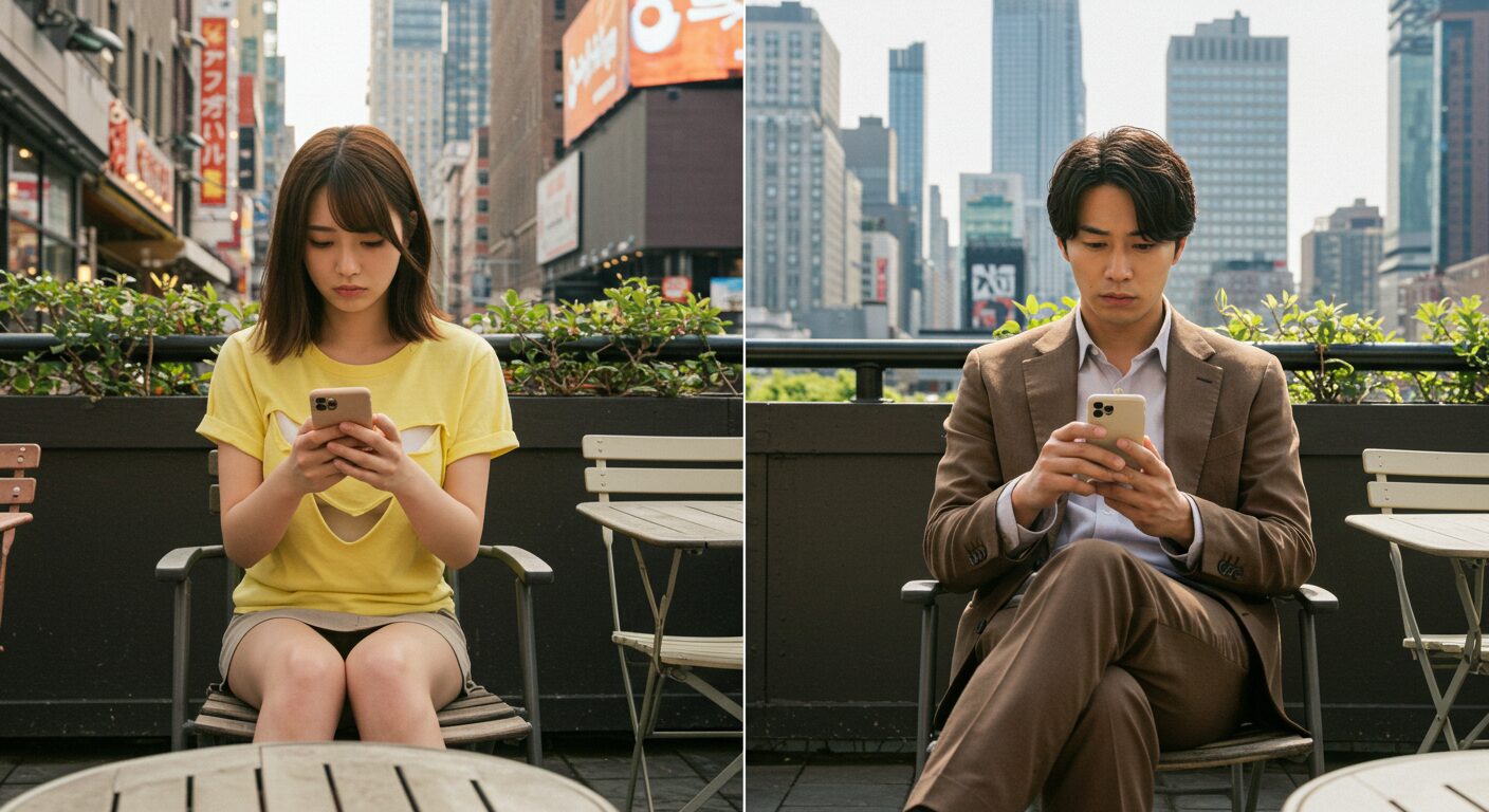 スマホを見て悩んでいる