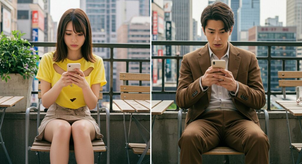 スマホを見て悩んでいる