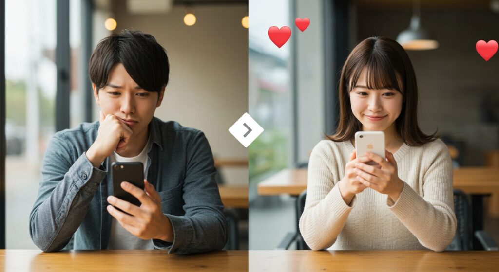 別々の場所でラインしている男女