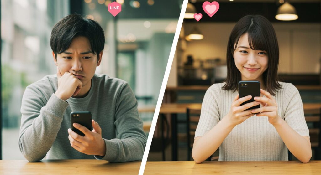 スマホを見て悩んでいる男女