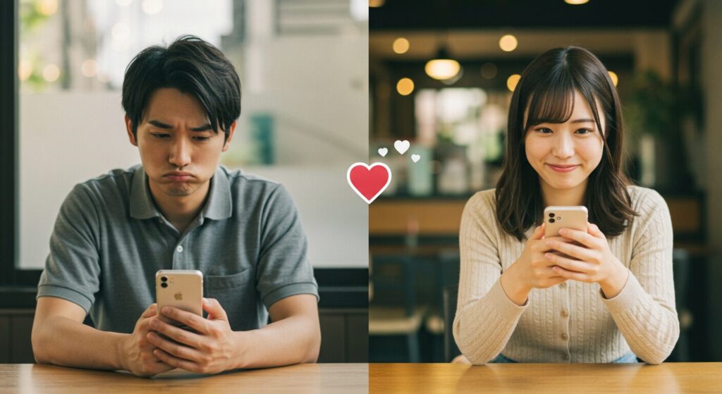 スマホを見て悩んでいる男女