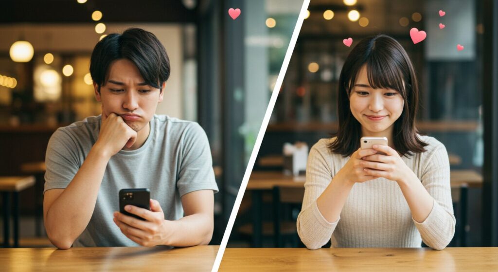 スマホを見て悩んでいる男女