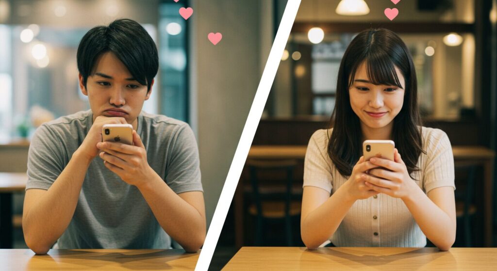 スマホを見て悩んでいる男女