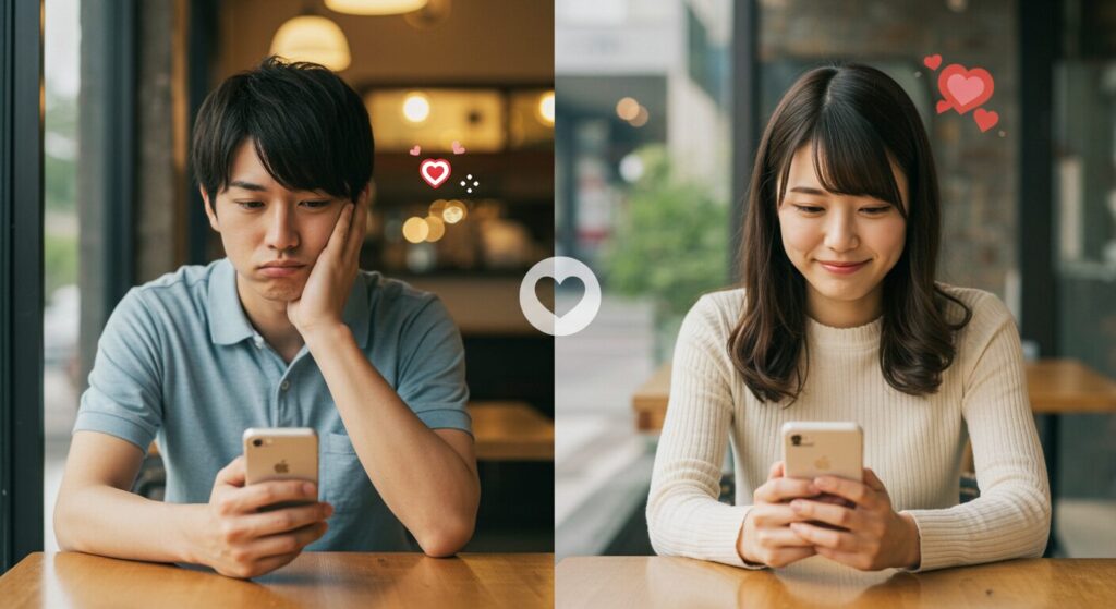 楽しそうにラインしている男女