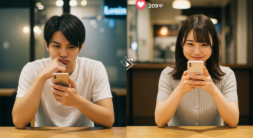 楽しそうにラインしている男女