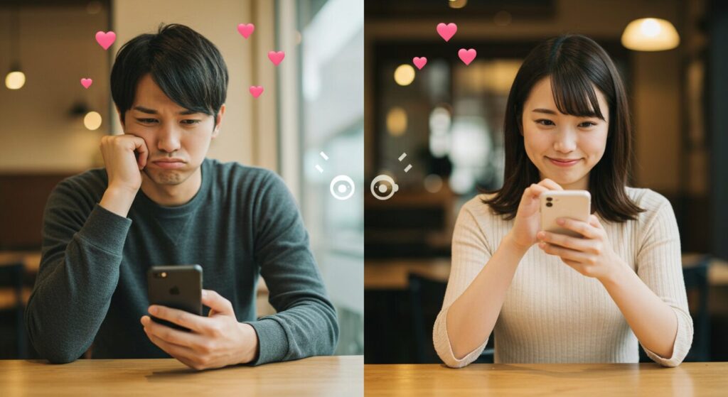 楽しそうにラインしている男女