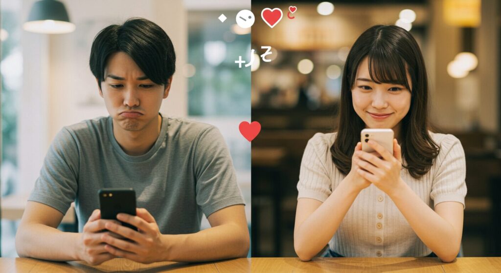 楽しそうにラインしている男女