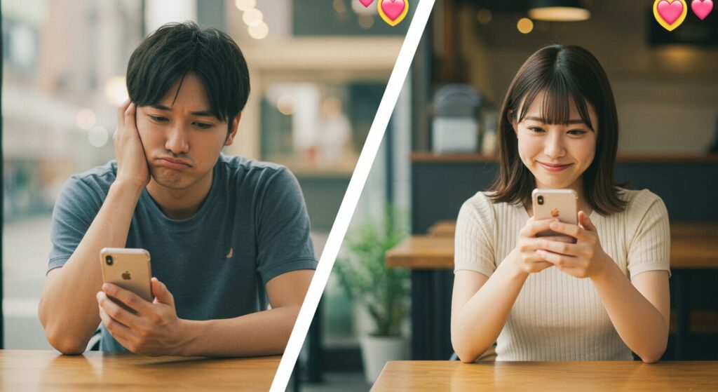 楽しそうにラインしている男女