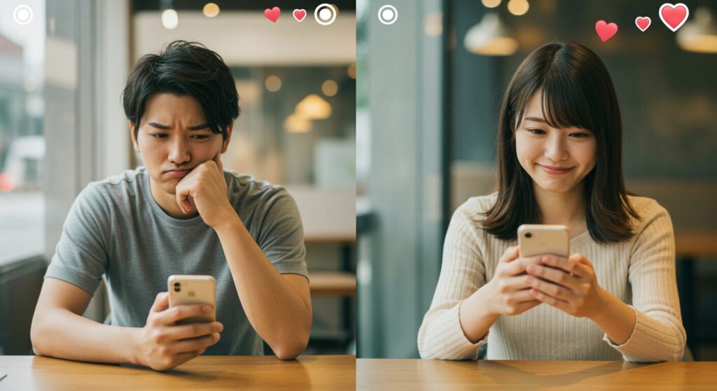 スマホを見て悩む男女