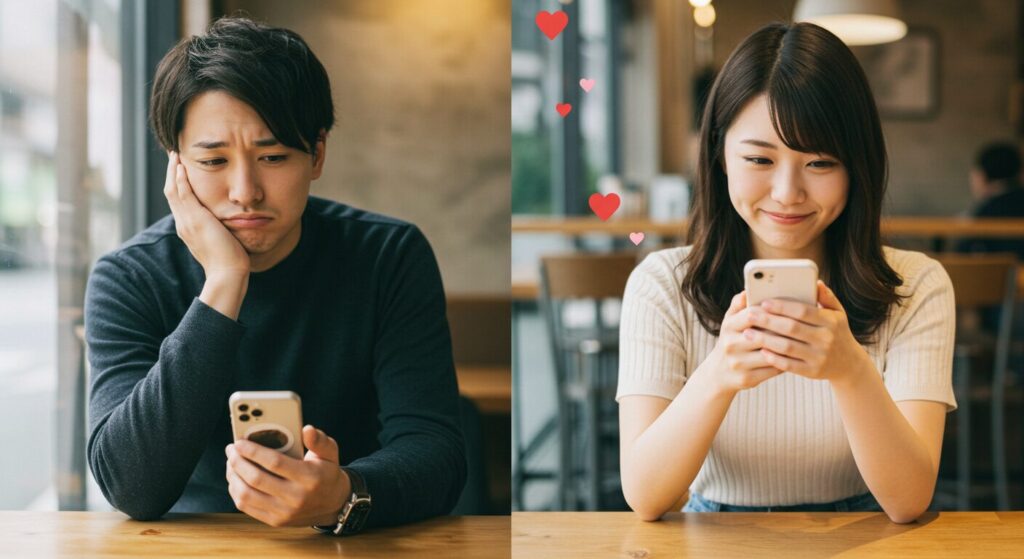 スマホを見て悩む男女