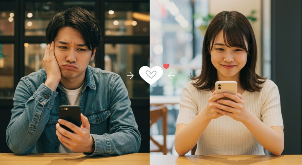 スマホを見て悩む男女