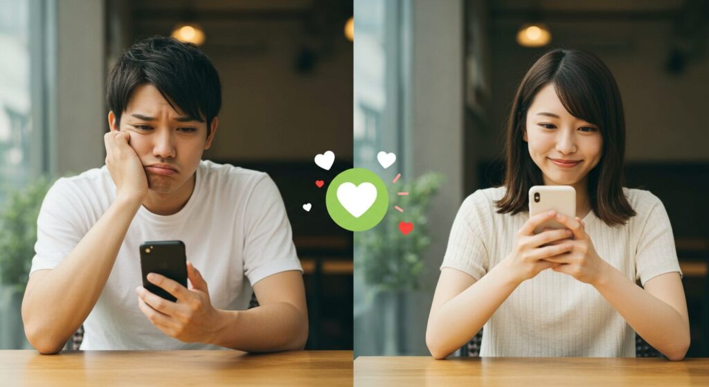 別々の場所でラインしている男女