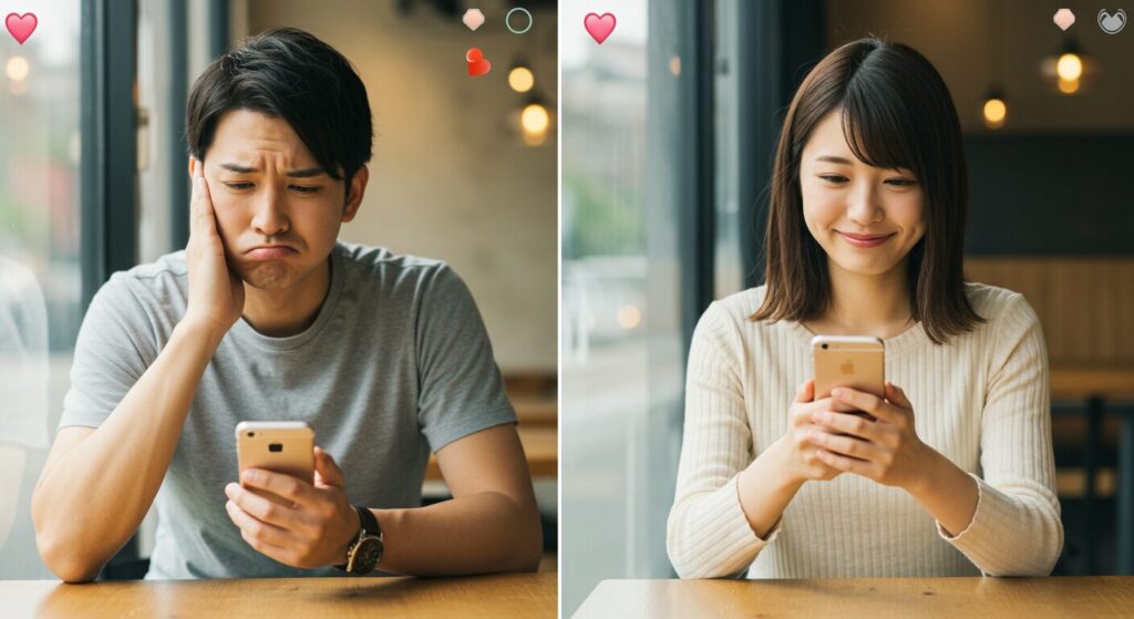 ラインで相談している男女