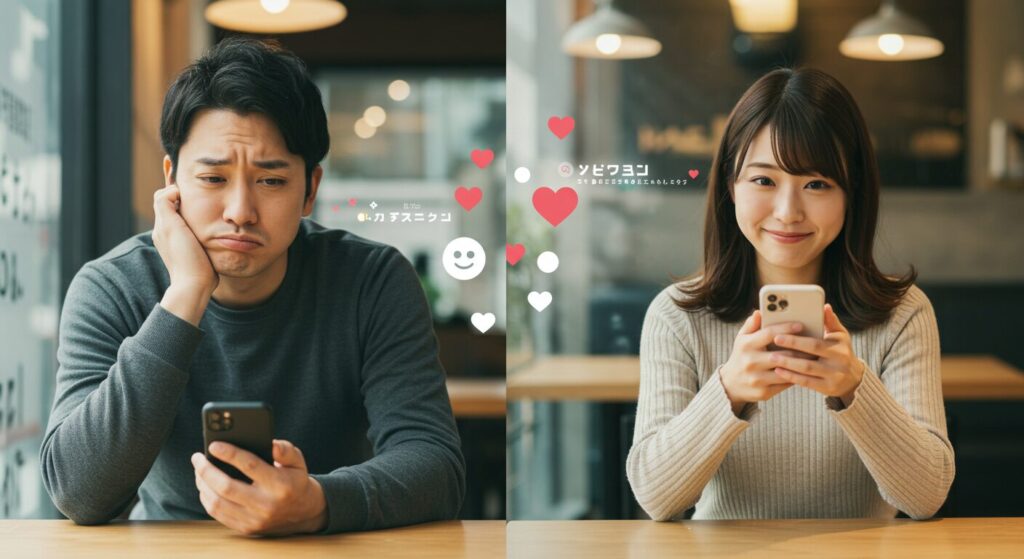 ラインで相談している男女