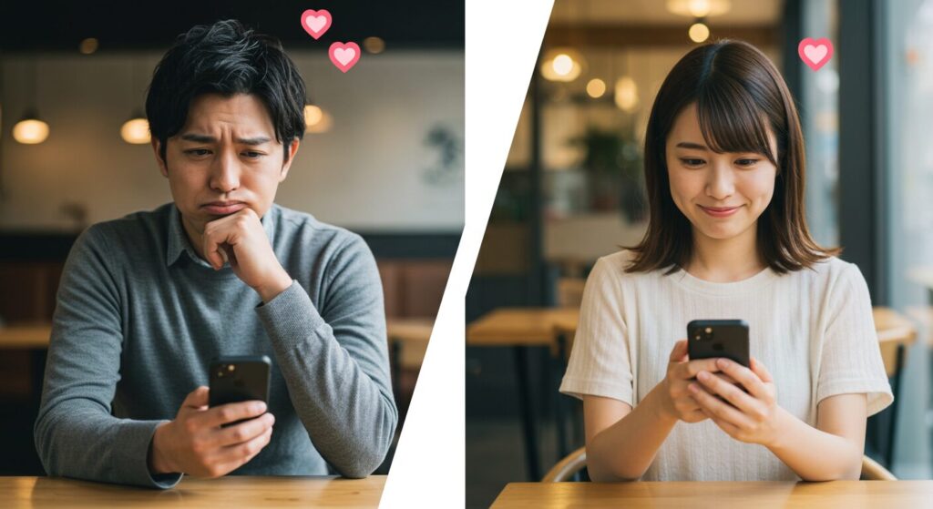 スマホを見て悩んでいる男女