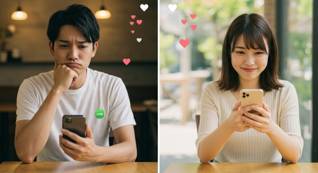 スマホを見て悩んでいる男女