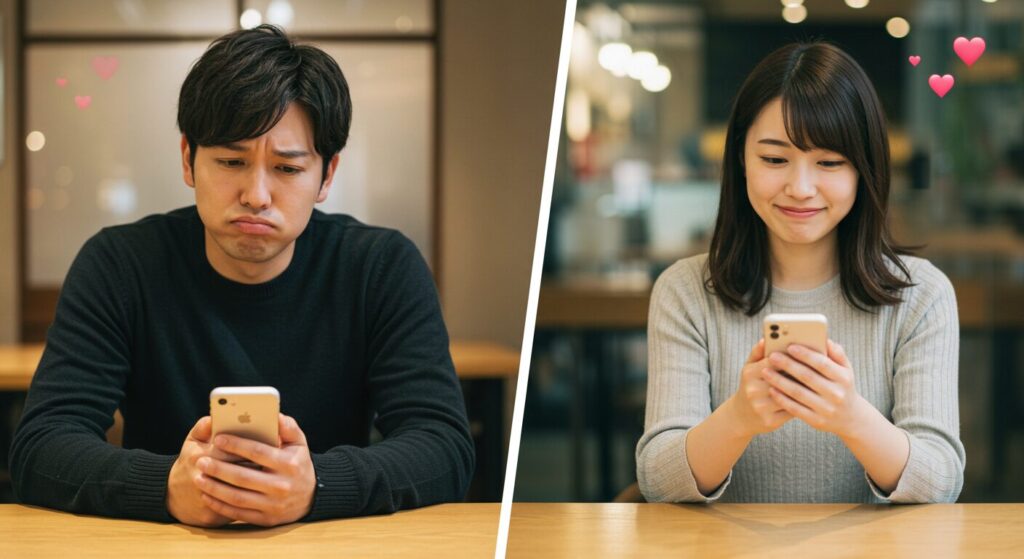 スマホを見て悩んでいる男女
