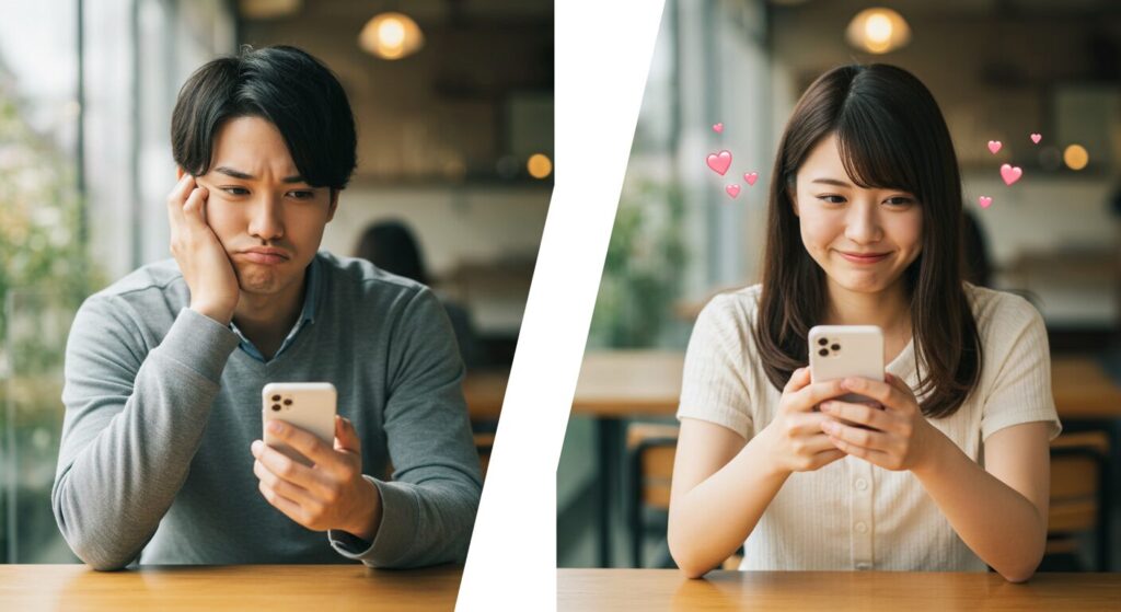 別々の場所でラインしている男女