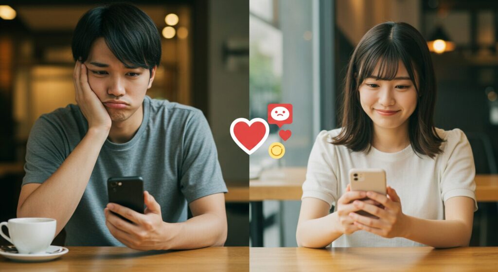 スマホを見て悩んでいる男女