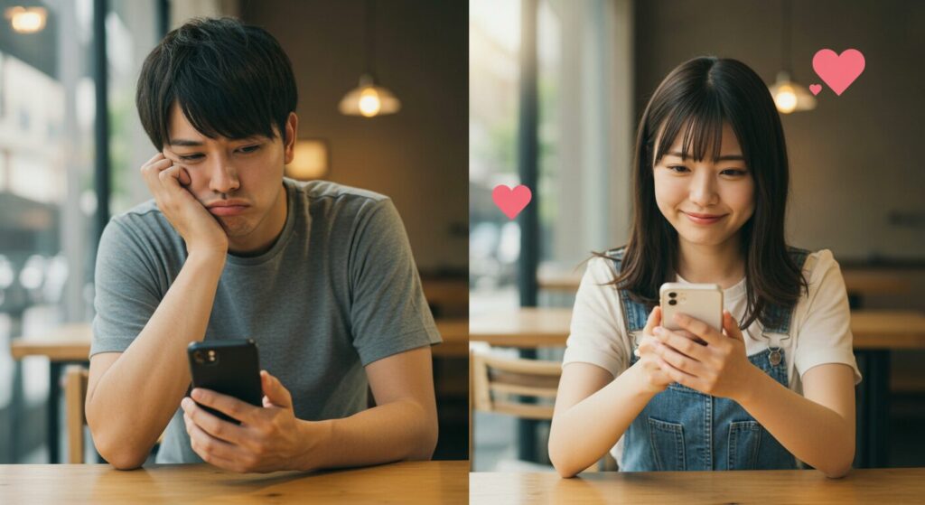 スマホを見て悩んでいる男女