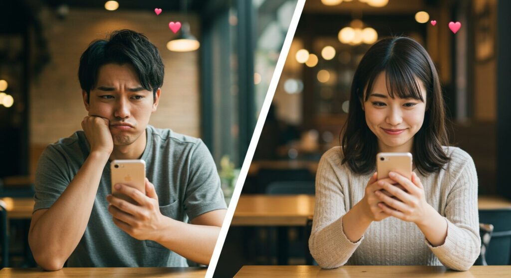 スマホを見て悩んでいる男女