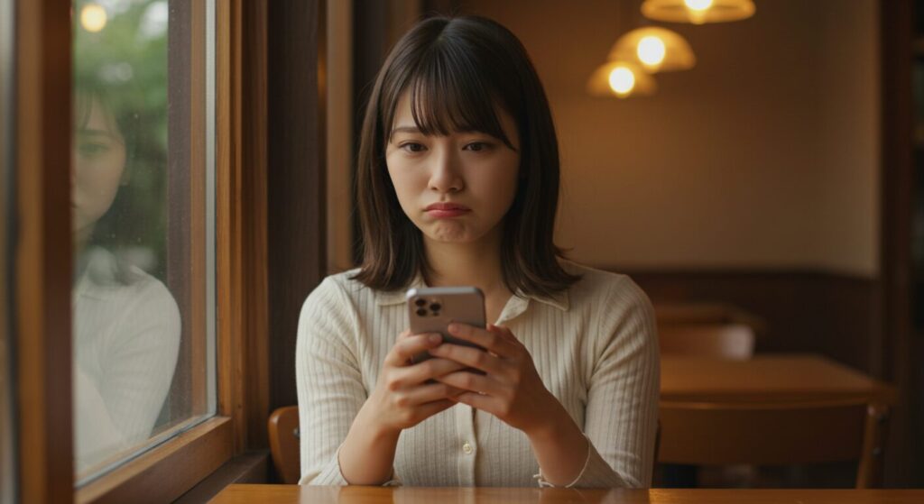 スマホを見て悩んでいる女