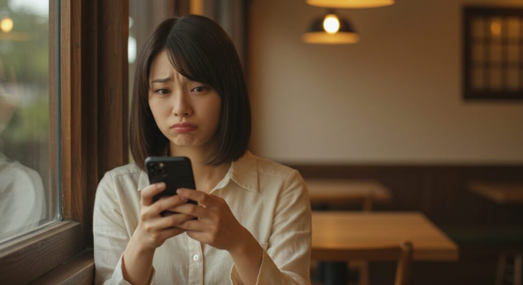 スマホを見て悩んでいる女