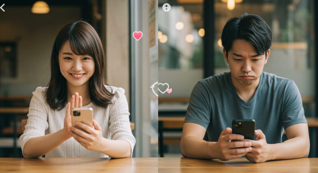 別々の場所でラインしている男女