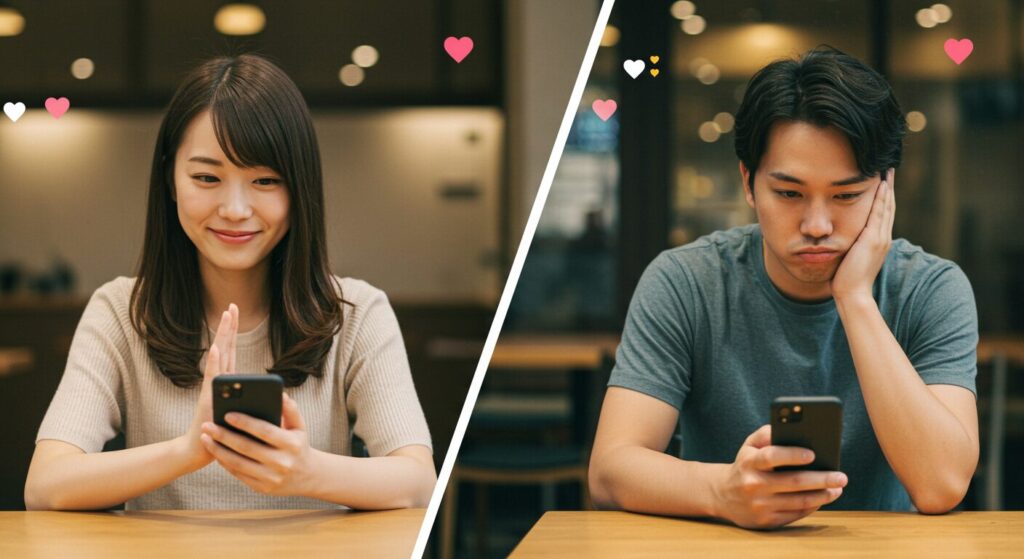 スマホを見て悩んでいる男女