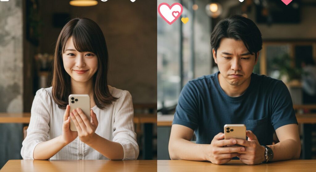 スマホを見て悩んでいる男女