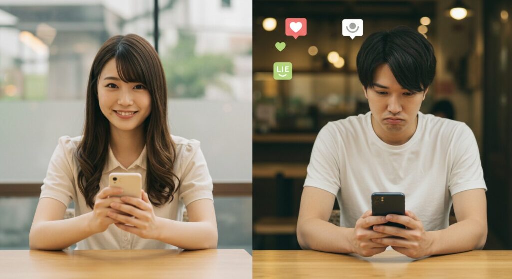 スマホを見て悩んでいる男女