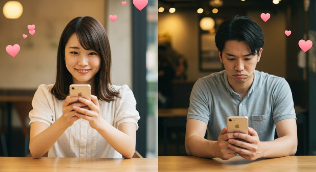 楽しそうにラインしている男女