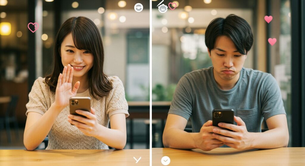 嬉しそうにラインしている男女