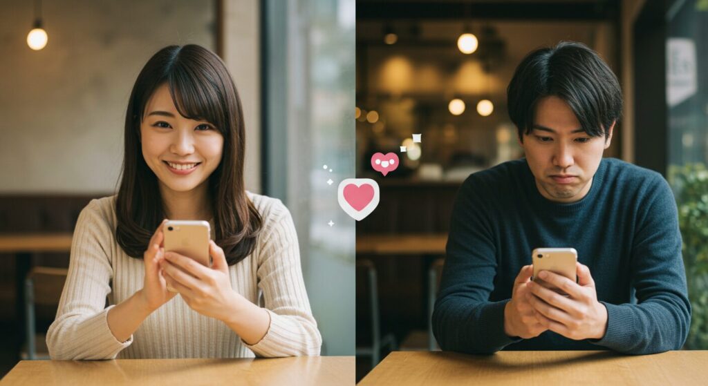 楽しそうにラインしている男女