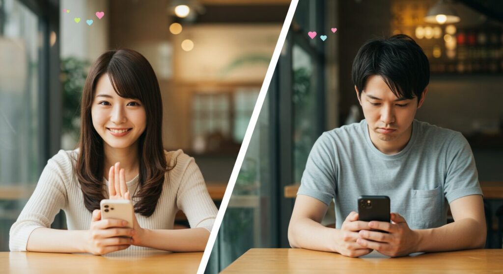 楽しそうにラインしている男女